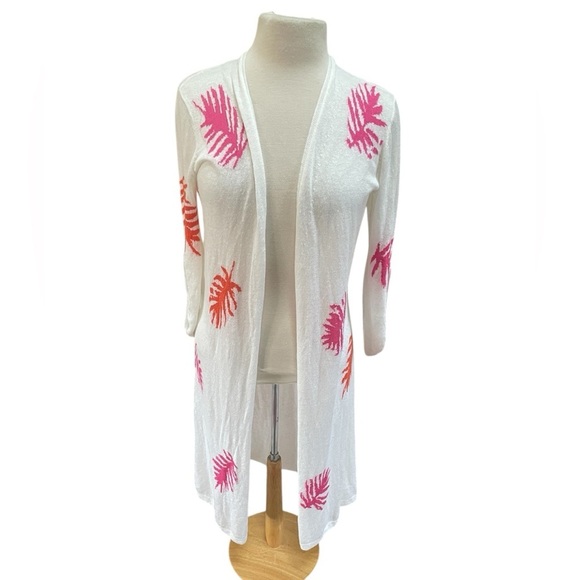 Nic + Zoe Cardigan Long Line Open Front White Pink Orange Leaf Print XS Oversize - Picture 3 of 7